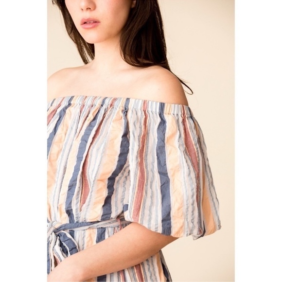 ULLA JOHNSON Elan Off The Shoulder Seersucker Jumpsuit in Sky - Picture 4 of 11